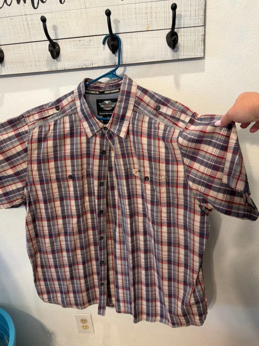 Harley-Davidson Men's Short Sleeve Plaid Button-Down Shirt - Red, Blue, White